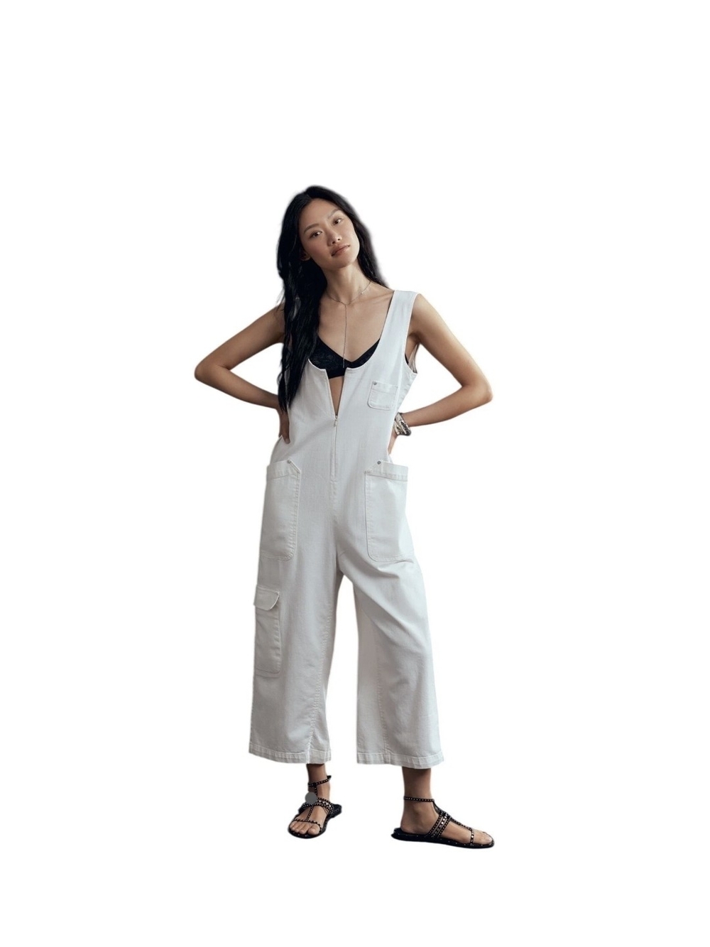 Pilcro Anthropologie Size XS White Denim Cargo Jumpsuit Wide Leg Sleeveless